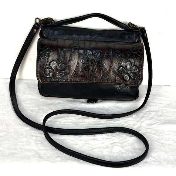 Atelier V Cuir Brown Black Daisy Embossed Leather Shoulder Wallet Clutch Purse W - Picture 1 of 16